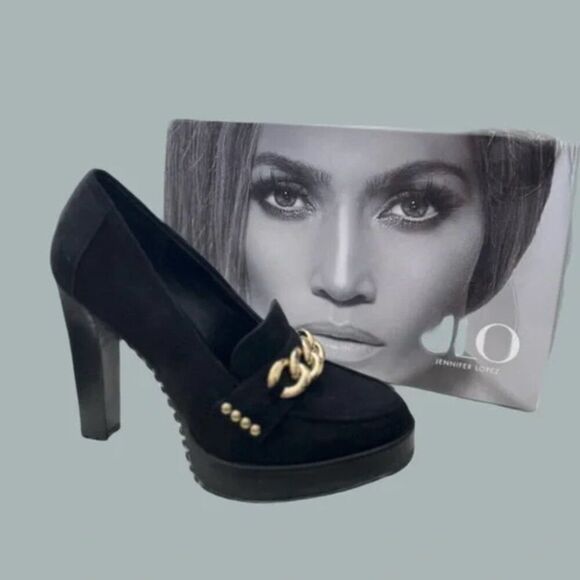 JLO Jennifer Lopez suede heels, black with gold detailing 4” Heels Size 6.5 - Picture 1 of 11
